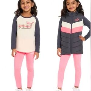 PUMA Kids Girls 3 Piece Puffer Vest Set Grey Hot Pink & White S 6 NEW QUICK SHIP